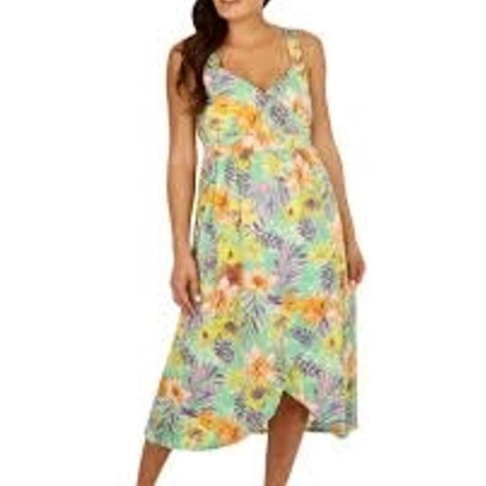 Jamie & Layla Tropical Floral Multicolor Green Faux Wrap Padded Midi Dress Large